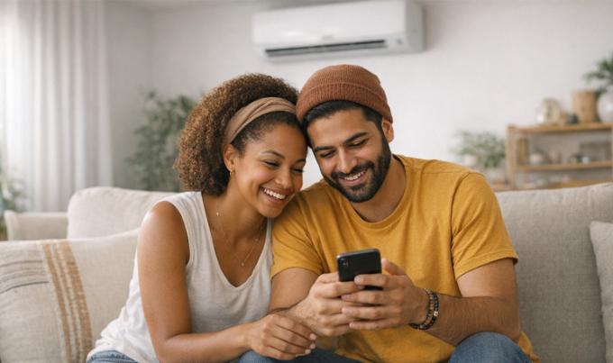 couple dans le canapé avec l'air conditionné