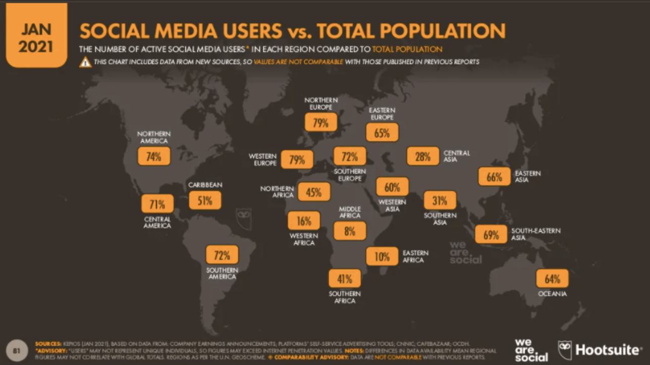 Carte: utilisateurs des réseaux sociaux par rapport à la population totale